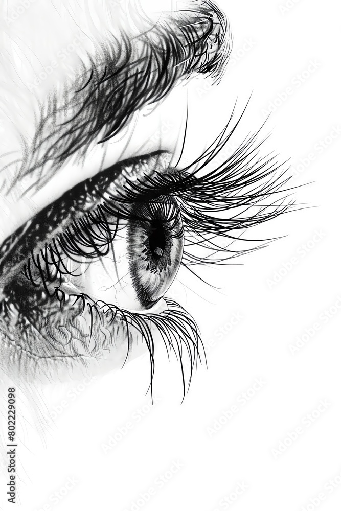 Obraz premium A black and white drawing of a woman's eye with long eyelashes.