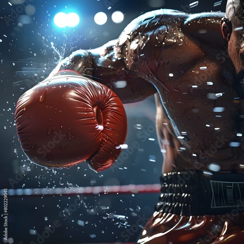 Intense Closeup of Boxer in Action Amid Flashing Lights and Splashing Water in Boxing Ring photo