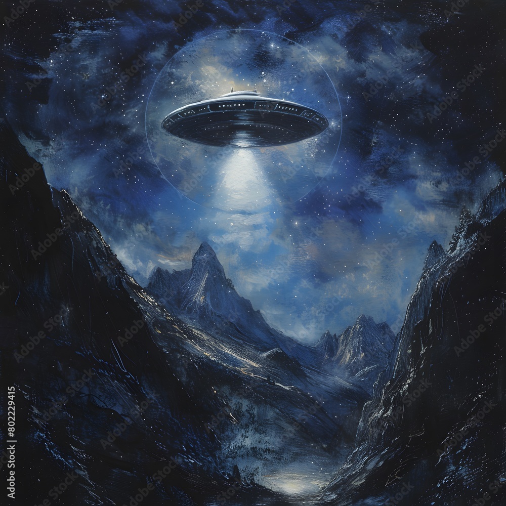 Mysterious UFO spotted in the dark, starry night sky Mysterious UFO spotted in the dark, starry night sky