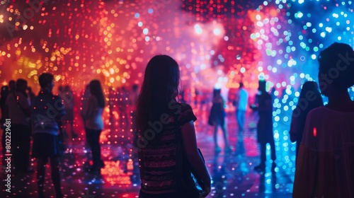 People standing in front of a colorful firework display, looking up in awe and excitement. © Emiliia