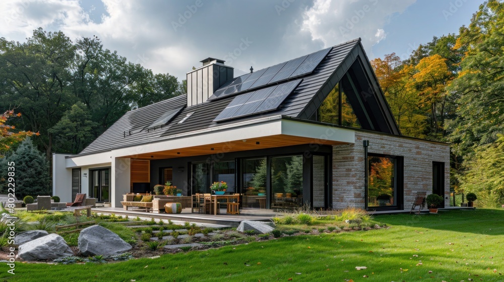 Sustainable Living: Modern Suburban Passive House with Solar Panels and Landscaped Yard