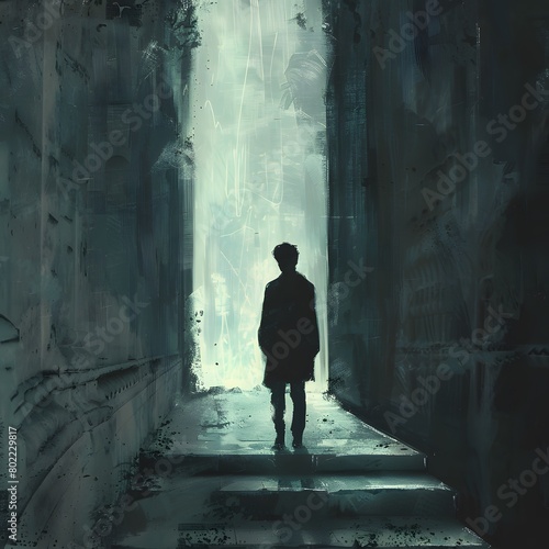 Silhouette of a person walking down a dark tunnel with graffiti on the walls