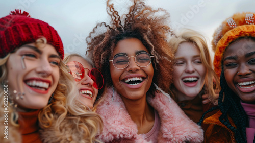 A group of diverse models laughing and celebrating together, wearing a mix of high fashion and casual styles.