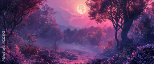 Design an AI-generated digital painting featuring a mystical forest bathed in moonlight against a vibrant sunset gradient background, shifting from pink to deep purples, imbuing the scenery photo