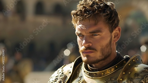 Regal and Fierce: King in Golden Armor with Trimmed Beard in Arena. Concept Medieval Armor, Kingship, Golden Trim, Arena, Regal Charm photo