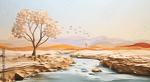 Realistic paper-cut illustration of a dried-up riverbed, minimalist style, super blurred landscape background,