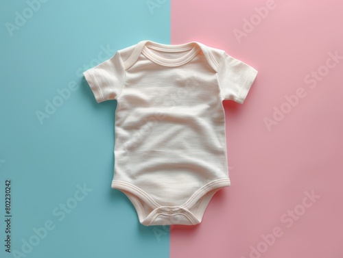 A gender neutral baby onesie on a blue and pink background.