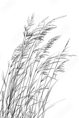 Black and white drawing of tall grass blowing in the wind. photo