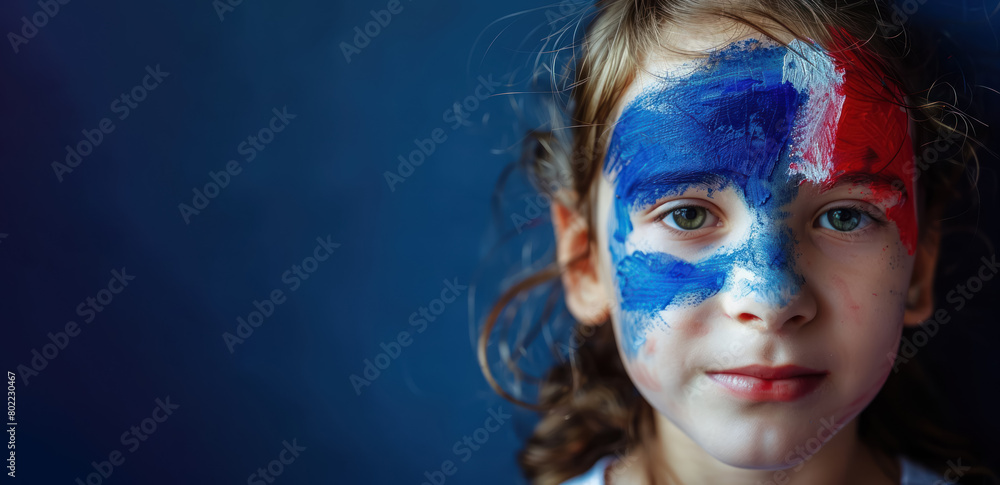 young girl with face painted in french flag colors looking at camera, copy space for text young girl with face painted in french flag colors looking at camera, copy space for text