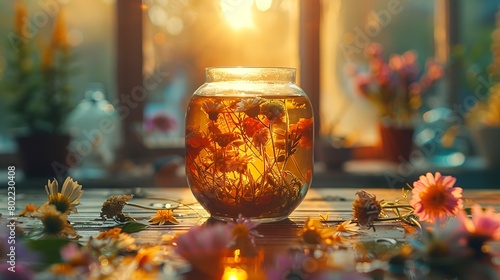 Herbal tea leaves steeping, essence of nature, close up, warmth of healing, morning glow