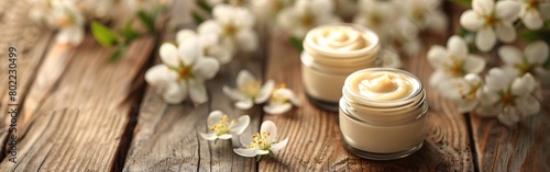 Organic Cosmetics with Floral Touch on Wooden Background - A Spa Concept for Serums  Creams  and Masks