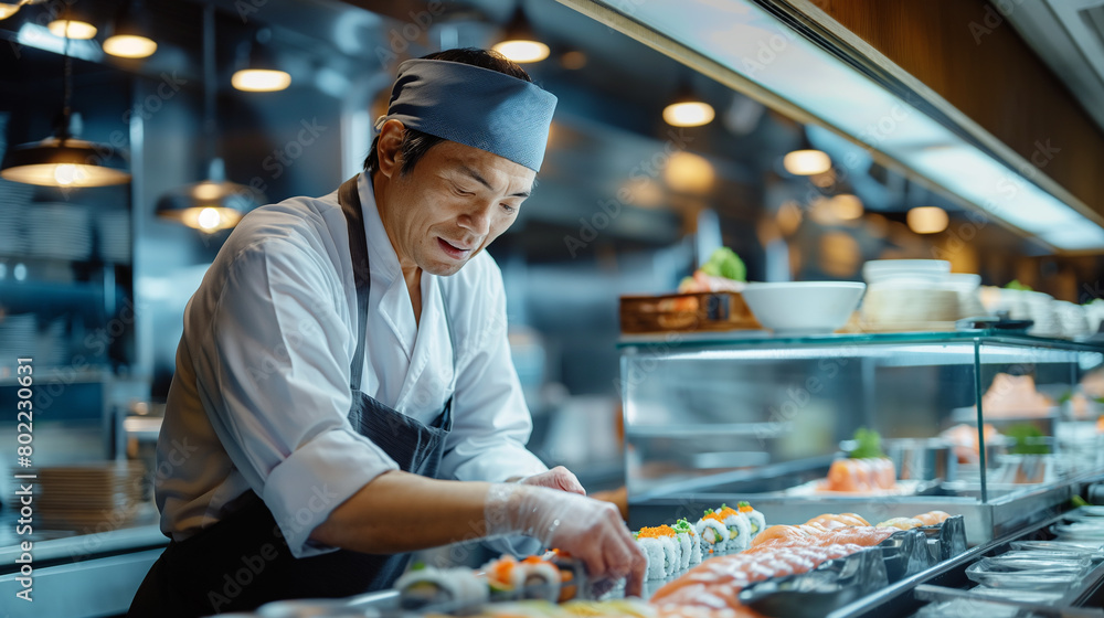 Senior man, chef at a traditional Japanese restaurant prepares sushi and fresh fish food.	