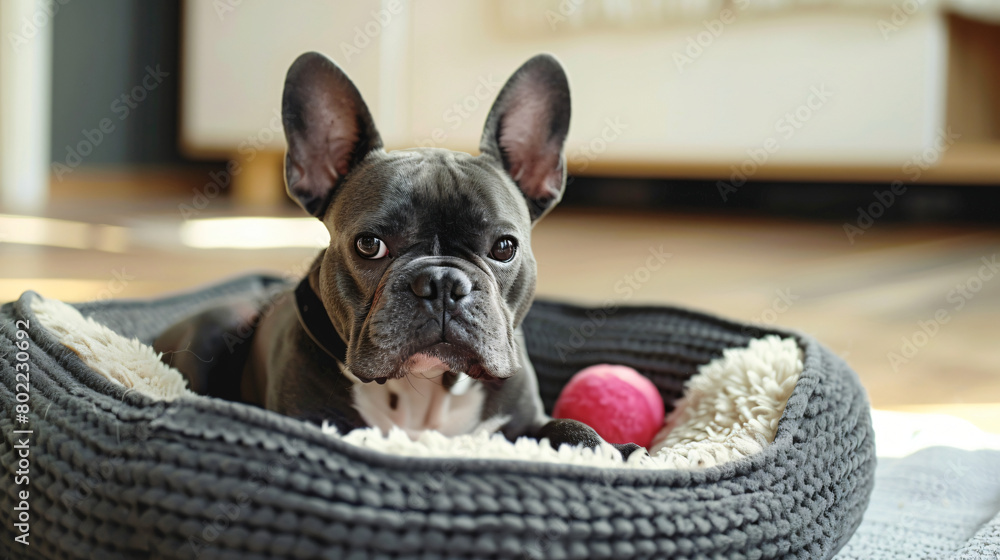 Cute French Bulldog in pet bed with toy at home