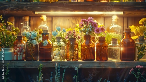Homeopathic remedies in glass bottles, natural cures, close up, promise of gentleness, soft backlight  photo