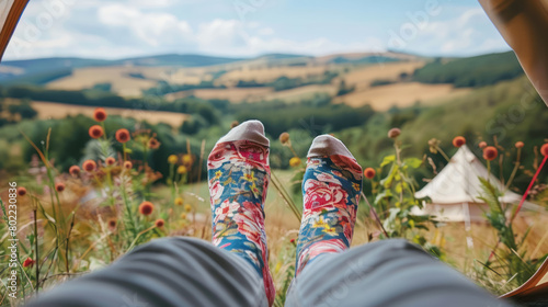 relaxing feet in colorful floral socks against a scenic camping background © Klay