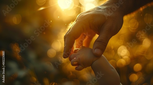 Father's finger held by baby, strong bond, close up, protective love, soft ambient light 