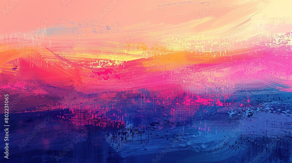 Design an abstract painting with bold brushstrokes blending seamlessly into the colorful sunset gradient.
