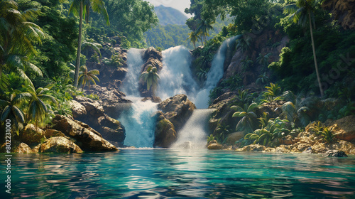 A majestic waterfall cascading down rocky cliffs into a crystal-clear pool surrounded by lush forest photo