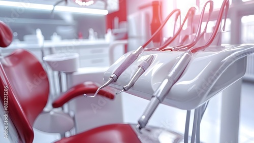 Closeup dental instruments in a modern clinic setting for tooth care. Concept Dental Instruments, Modern Clinic, Tooth Care, Closeup Shots