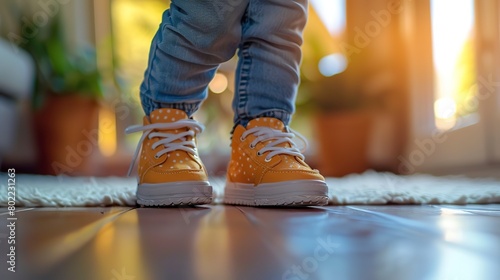Child practicing walking in orthopedic shoes  steps to independence  close up  determination  natural light 