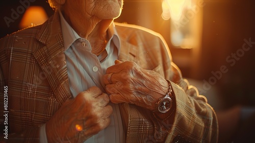 Caregiver buttoning a senior's shirt, gentle assistance, close up, everyday dignity, morning glow  photo