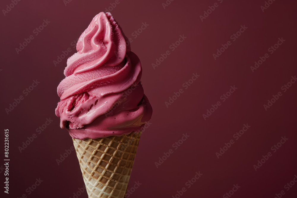 pink soft serve ice cream swirling in a cone against a red bordeaux background pink soft serve ice cream swirling in a cone against a red bordeaux background