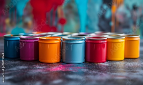 Cans of paint on a blurred background.