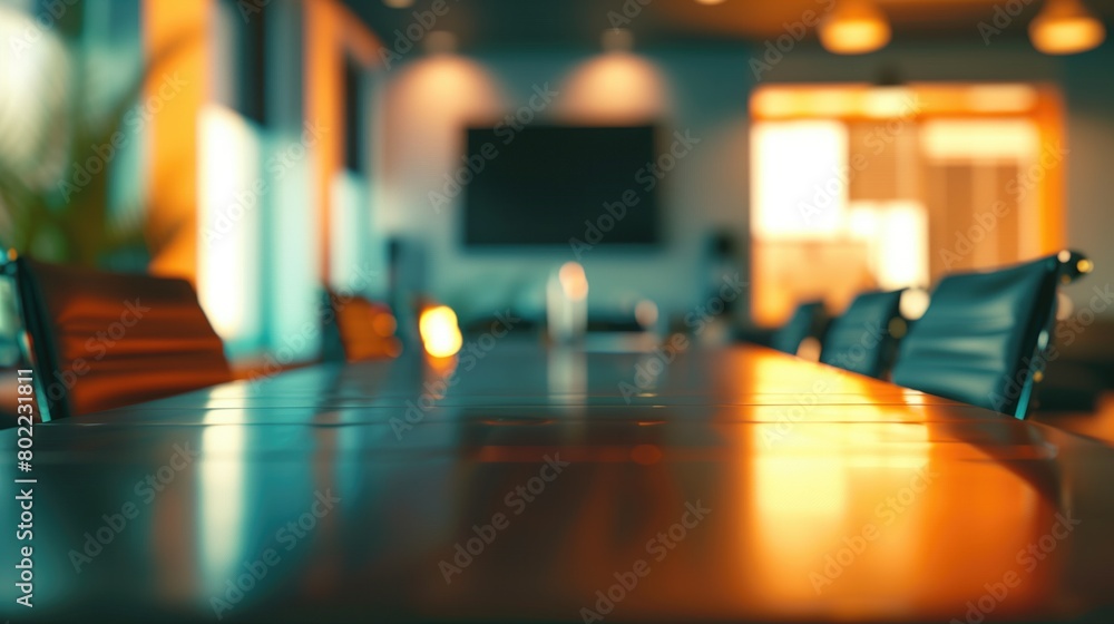 Empty spacious meeting table for product display on blurred conference room background. Wooden table in the boardroom in corporate environment, Corporate room, generative ai