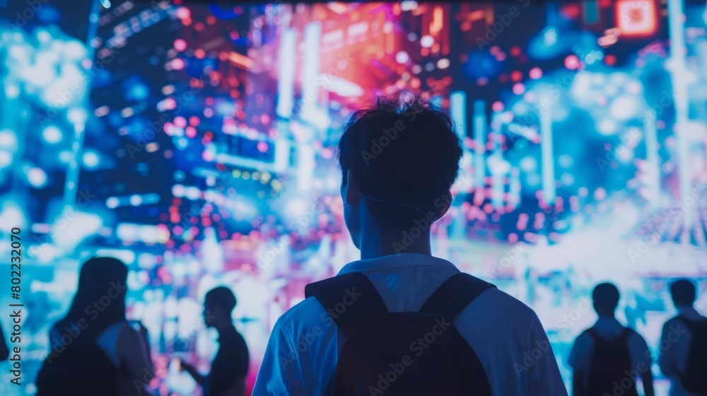 A man stands before a massive screen. A man stands before a massive screen.