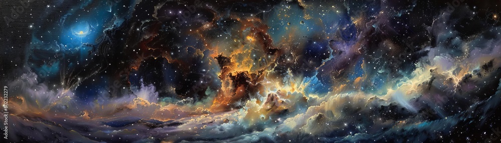 Design a dynamic oil painting of a grand frontal view of a galaxy, showcasing intricate interstellar patterns and varying shades of celestial bodies, including glowing nebulae and distant star cluster