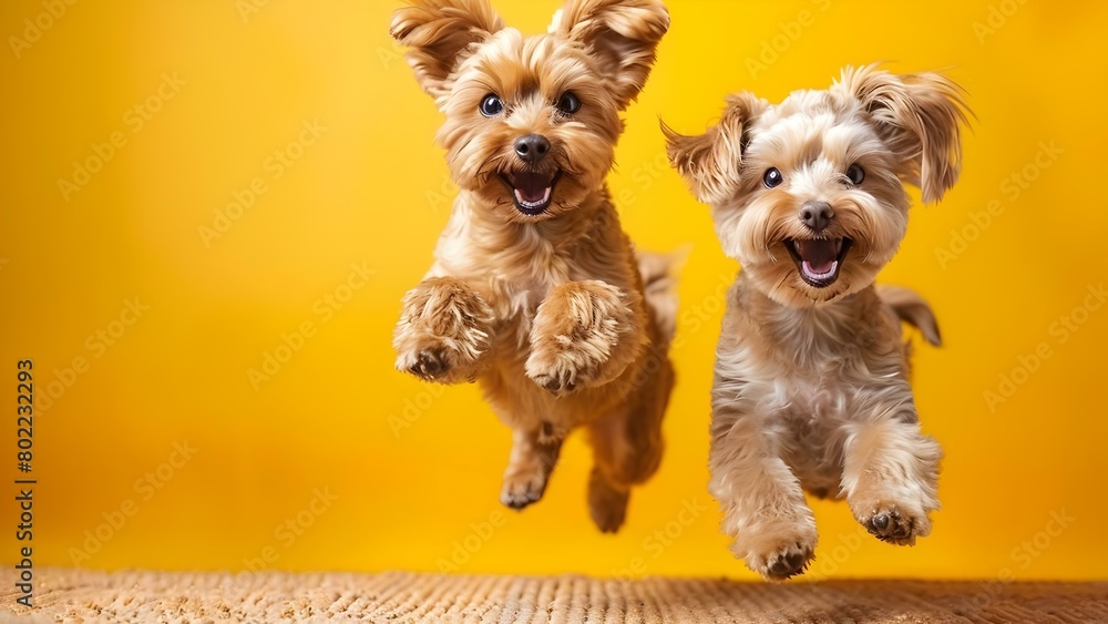 Double the Cuteness: Two Löwchen Dogs Jumping Against a Yellow Background. Concept Pets, Photography, Löwchen Dogs, Jumping, Yellow Background