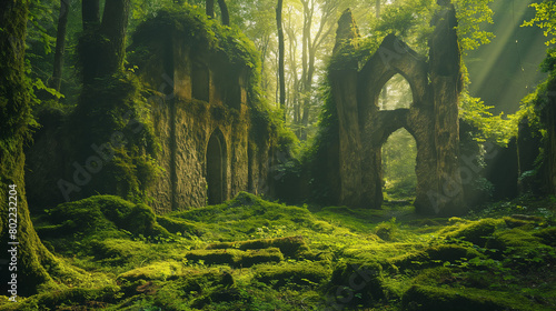 A mystical forest clearing with ancient ruins partially covered in moss and surrounded by vibrant foliage.