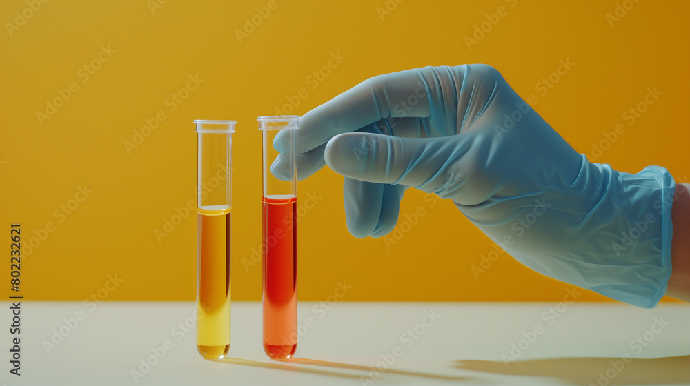 A gloved hand holds a test tube on a yellow background A gloved hand holds a test tube on a yellow background