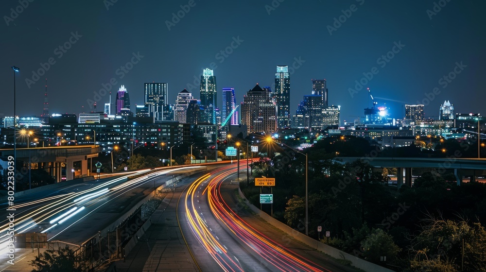 A photograph of a city at night from the road view A photograph of a city at night from the road view