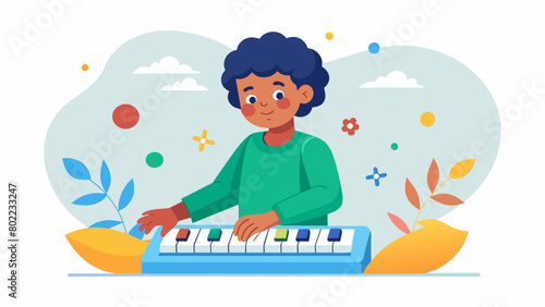 At a music therapy session a child with autism uses a soundboard to create and express their own music and emotions.. Vector illustration