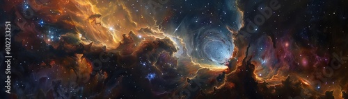 Design a dynamic oil painting of a grand frontal view of a galaxy, showcasing intricate interstellar patterns and varying shades of celestial bodies, including glowing nebulae and distant star cluster photo
