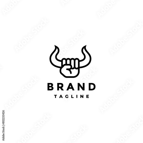 Hands Holding Horns Up Logo Design. Hands And Horns Form A Bulls Head Logo Design.