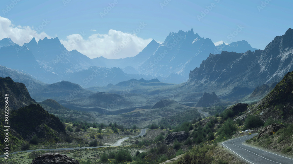 A serene mountain pass with winding roads, framed by towering peaks and a clear blue sky. A serene mountain pass with winding roads, framed by towering peaks and a clear blue sky.