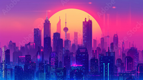 Design a futuristic city skyline set against the mesmerizing hues of the sunset gradient. © Kanwal