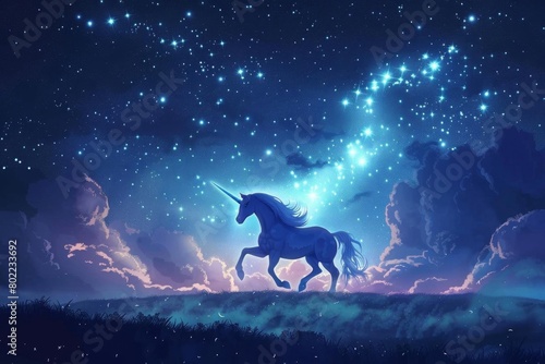 Design a enchanting high-angle scene of a unicorn prancing under a starlit sky, its luminous silhouette outlined in ethereal glow, blending photorealistic elements with a touch of fantasy © nattapon
