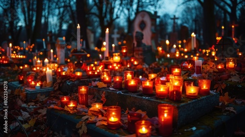 Celebrating All Saints Day: Lit Candles and Autumn Leaves at Night in Cemetery