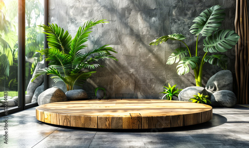 Minimalist Wooden Stage Podium, Natural Botanical Elements - Perfect for Product Presentation, Display or Mockup photo