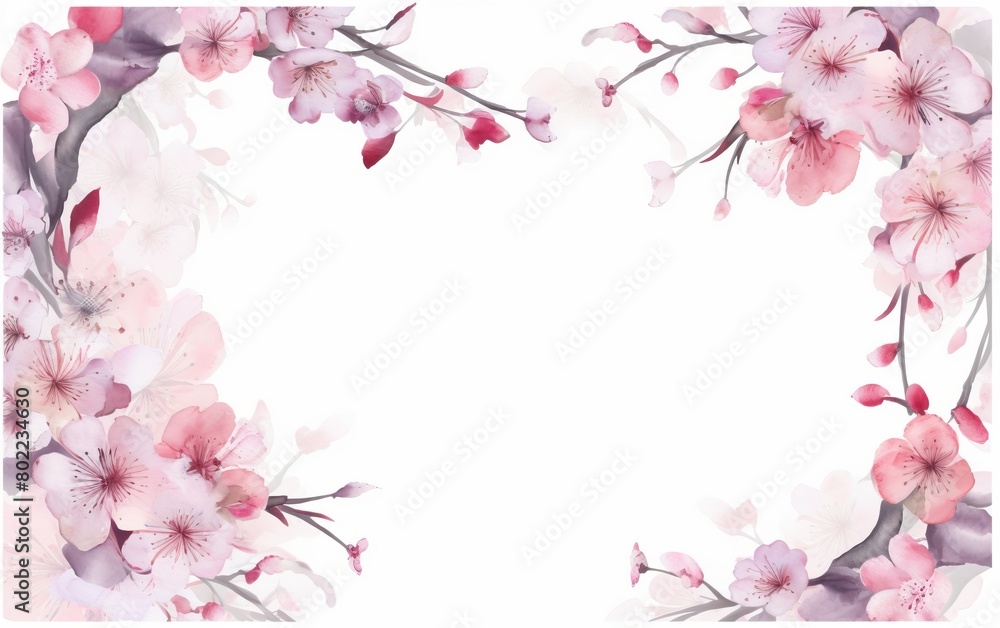 Pink flowers in watercolor detail bloom vibrantly on a pure white backdrop, exuding a sense of elegance and tranquility. Generative AI