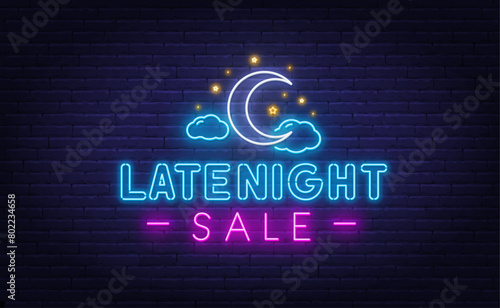 Late Night Sale Neon Sign on brick wall background.