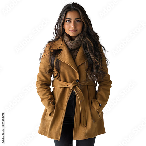 Front view mid shot of a chic Indian female model sporting a fashionable camel coat and black skinny jeans, isolated on a white transparent background photo