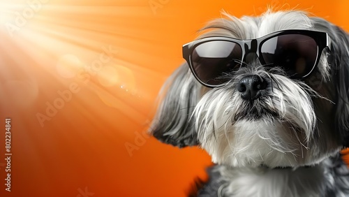 Stylish Lowchen Dog Wearing Sunglasses Posing Against an Orange Background. Concept Pet Photography, Sunglasses for Pets, Stylish Dog Portrait, Vibrant Background, Cute Animal Poses © Ян Заболотний