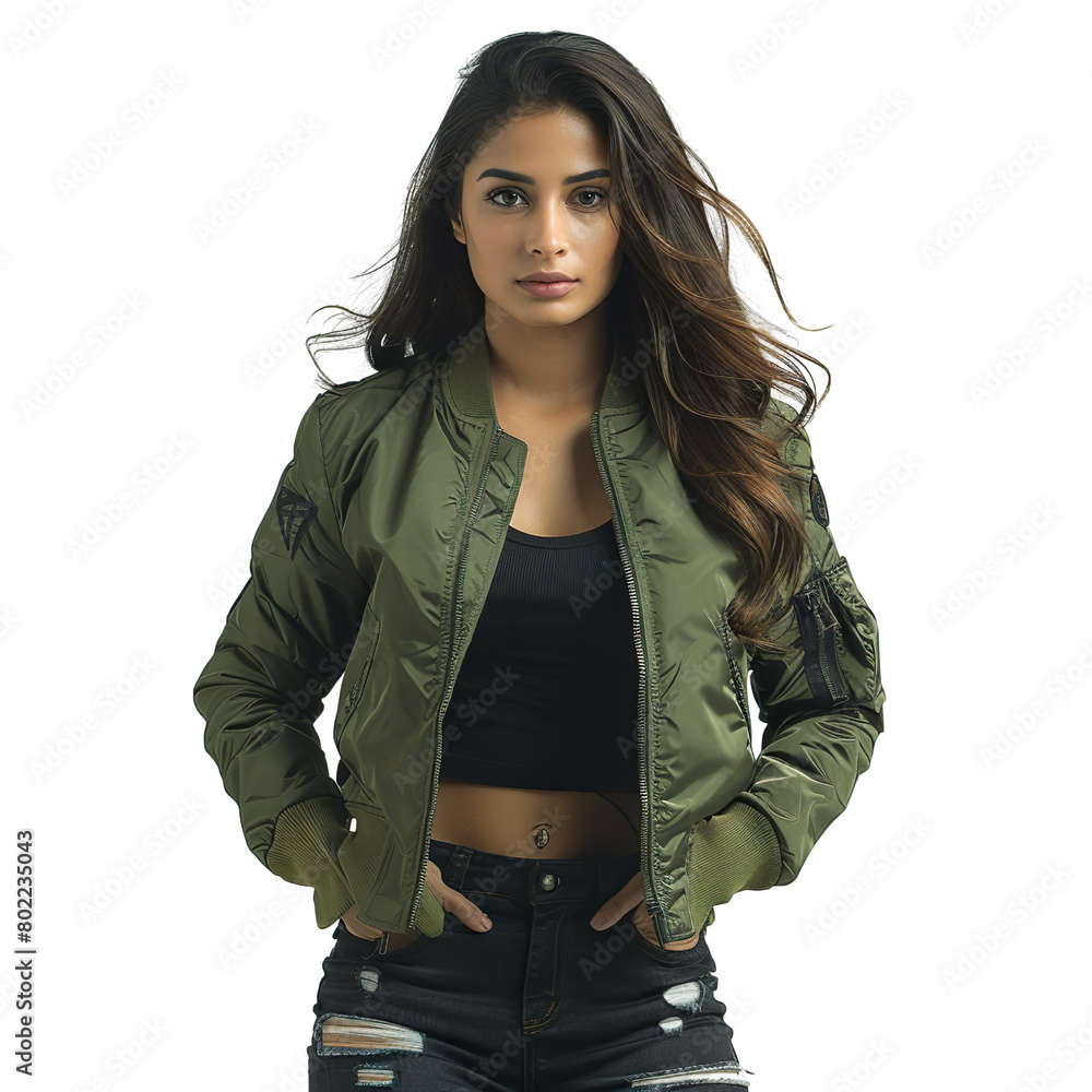 Front view mid shot of a striking Indian female model dressed in a trendy olive green bomber jacket and ripped black skinny jeans, isolated on a white transparent background Front view mid shot of a striking Indian female model dressed in a trendy olive green bomber jacket and ripped black skinny jeans, isolated on a white transparent background