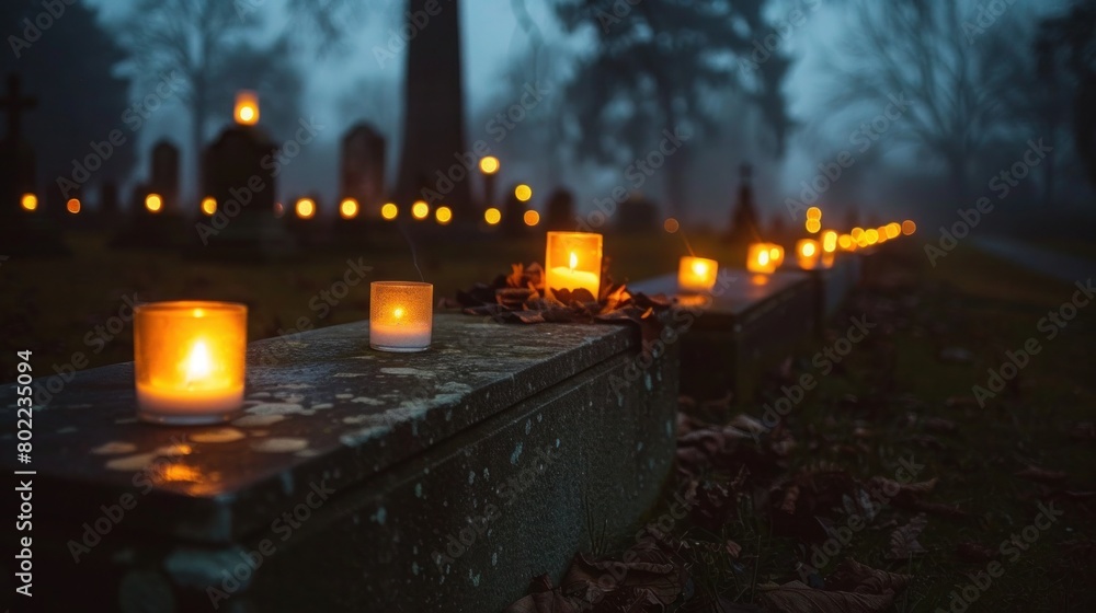 Memorial Tribute: Lit Candles Cast Warm Glow on Military Gravestones Memorial Tribute: Lit Candles Cast Warm Glow on Military Gravestones
