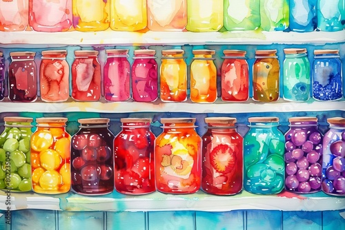 Design a whimsical watercolor painting showcasing an array of colorful fruit preserves neatly lined up on a shelf, viewed from the back Implement vibrant hues to depict the different fruits, making th photo