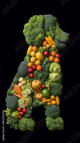 A colorful dog sculpture crafted entirely out of a variety of fresh fruits and vegetables, showcasing creativity and healthy living. Generative AI